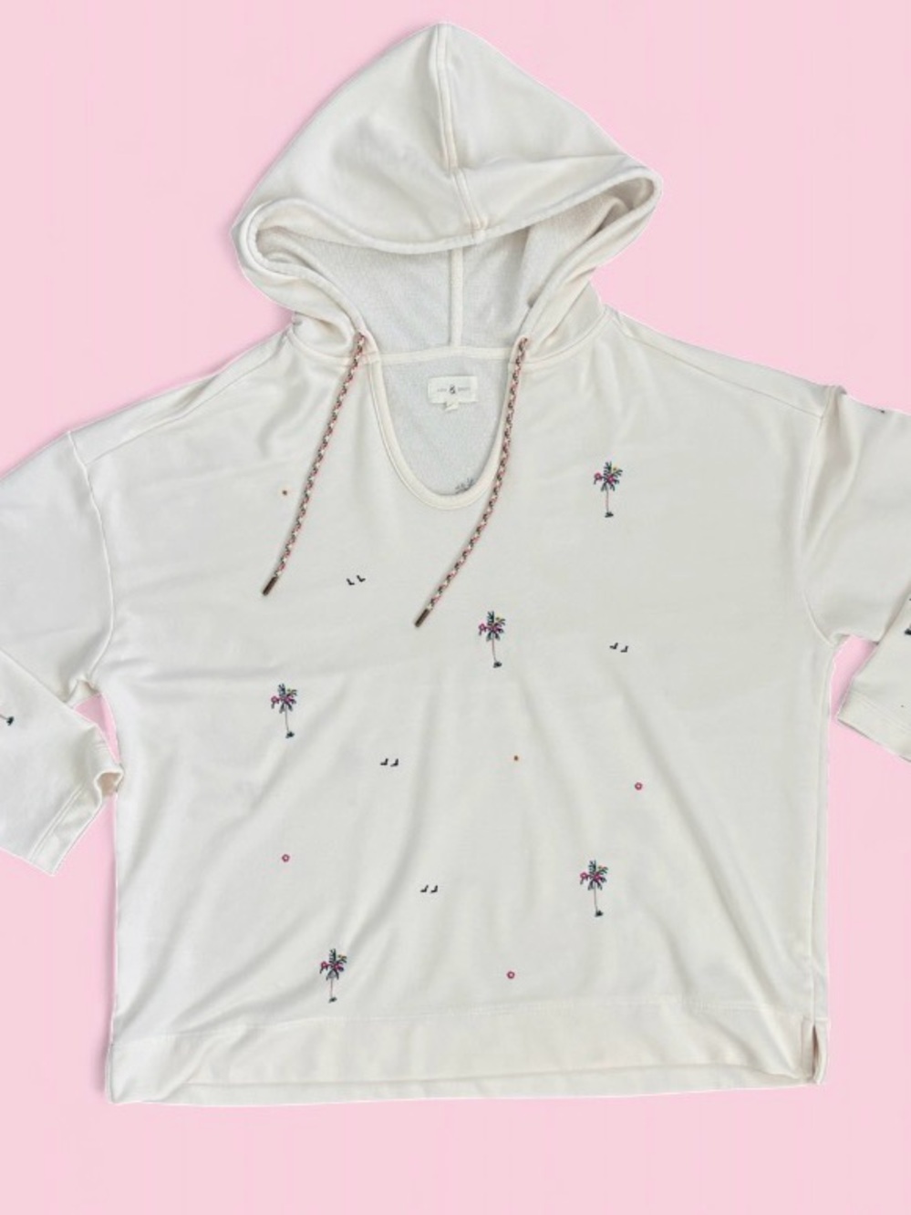 Lou & Grey Embroidered Cream  Soft Lounge Pullover Hoodie Size XL